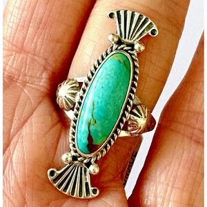 Navajo Turquoise Ring Sz 7‎ Long Sterling Benally Native American